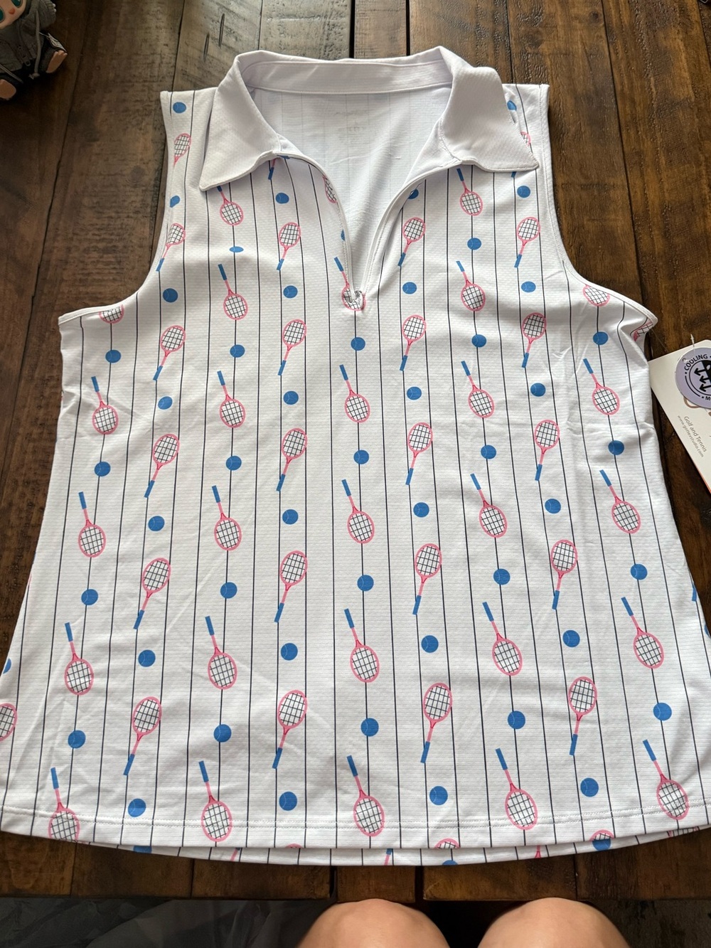 NWT Sz Lg Gottex Sleeveless White Striped Tennis Print Polo Tank Top